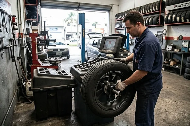 Equipamento de balanceamento de rodas em Atibaia sendo utilizado por um profissional.