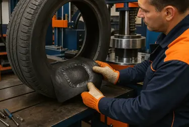 Profissional em Atibaia realizando vulcanização em um pneu, com equipamentos de borracharia.